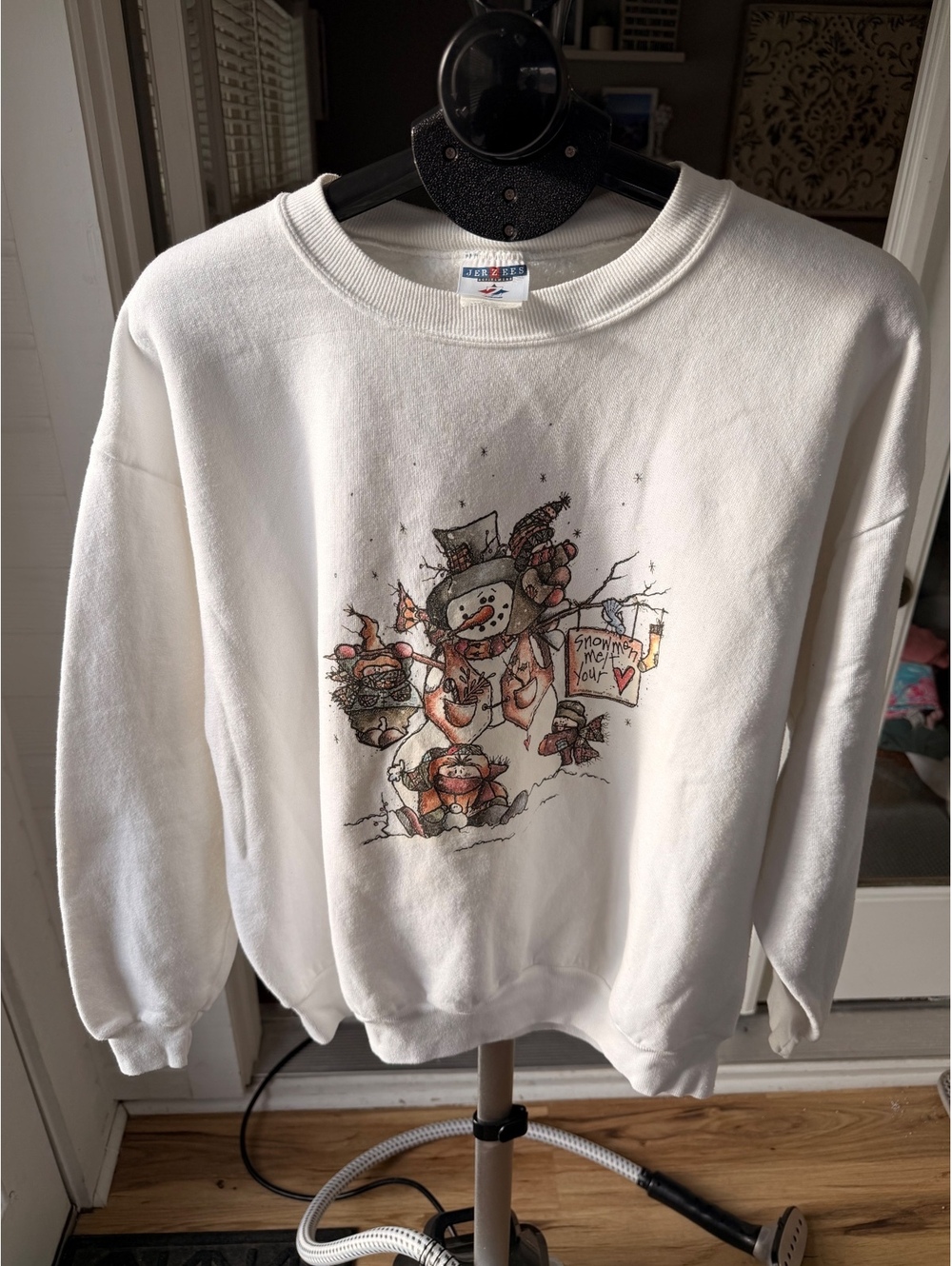 Vintage Jerzees Snowman Graphic Sweatshirt Unisex M White Cotton Pullover
